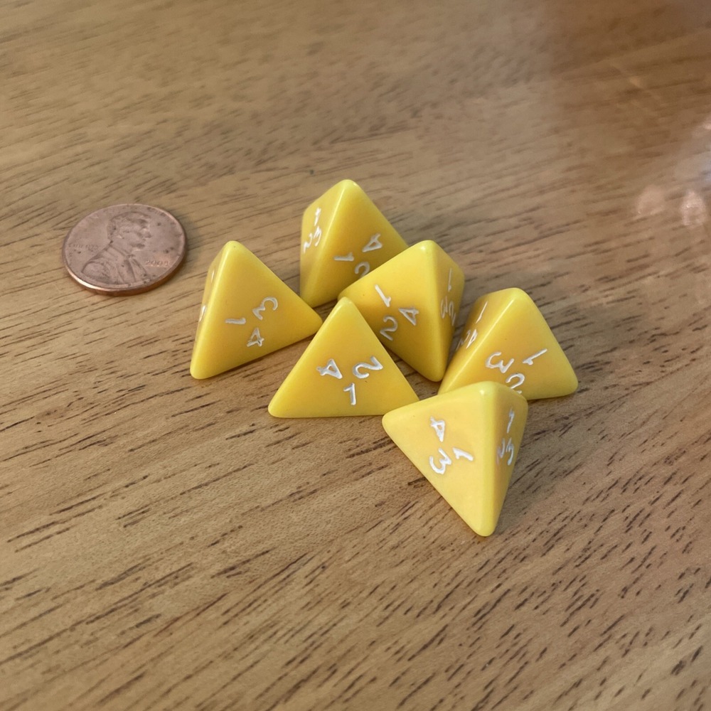 4 Sided Triangle Dice Yellow Set Of 6 Numbered 1-4 Games DICE Homeschool Math
